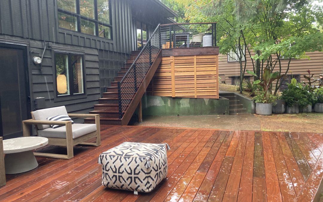 Ipe deck with stainless cable railing and clear cedar screen | Deck ...