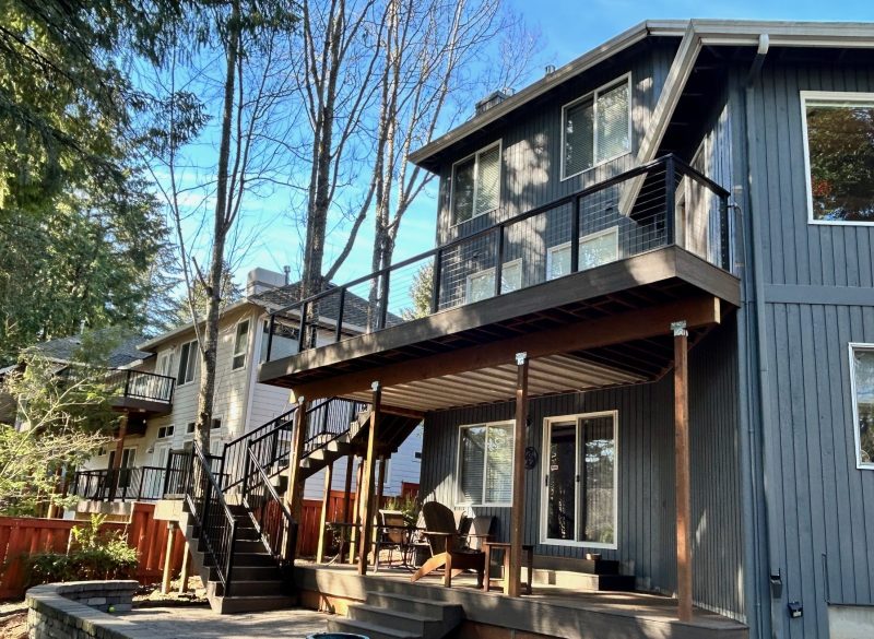 Trex Enhance Toasted Sand double deck with TimberTech DrySpace and Cable Railings