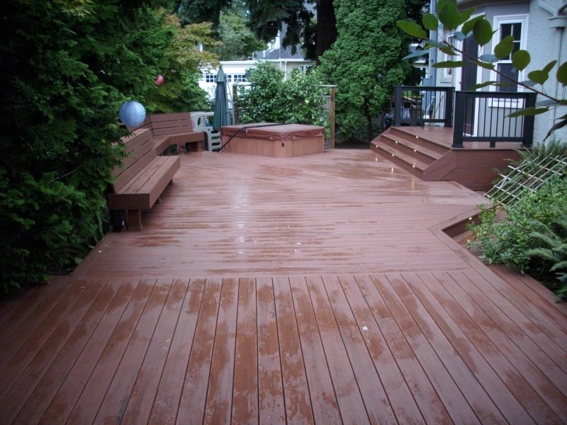 Composite deck with benches and lights